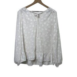 LOFT Women’s Ivory Floral Print Peplum V-Neck Tie Long Sleeve Blouse Size Large